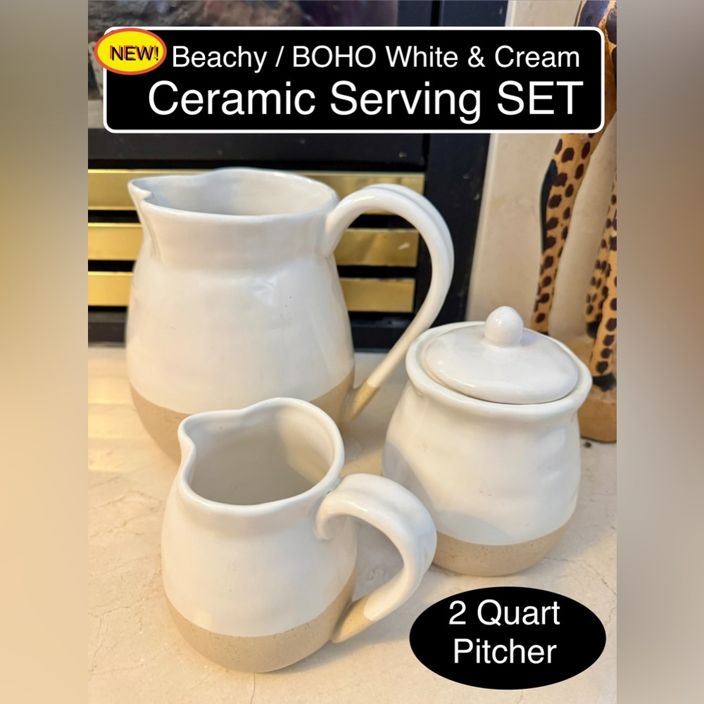 NEW🔥Hobby Lobby White Sand BOHO Ceramic Pitcher/ Serving Set. 4 piece